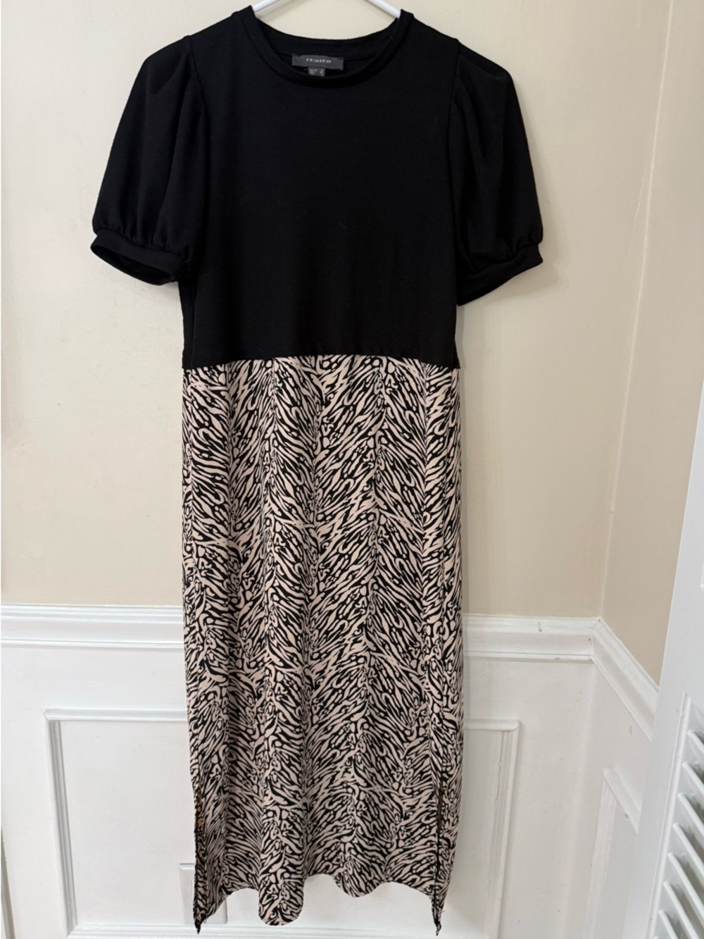 Primark black and cream zebra print short sleeve maxi dress chiffon skirt size 8